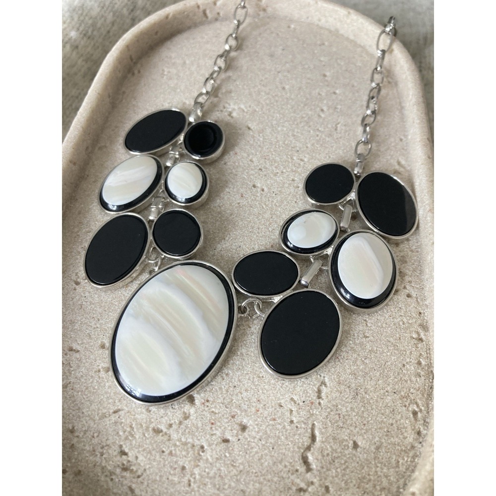 Erica Lyons Oval Bib Statement Necklace Silver Tone Faux Mother of Pearl Glam